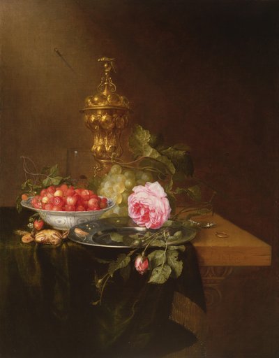 Naturaleza muerta con un cuenco de fresas y una rosa, 1652 de Pieter de Ring